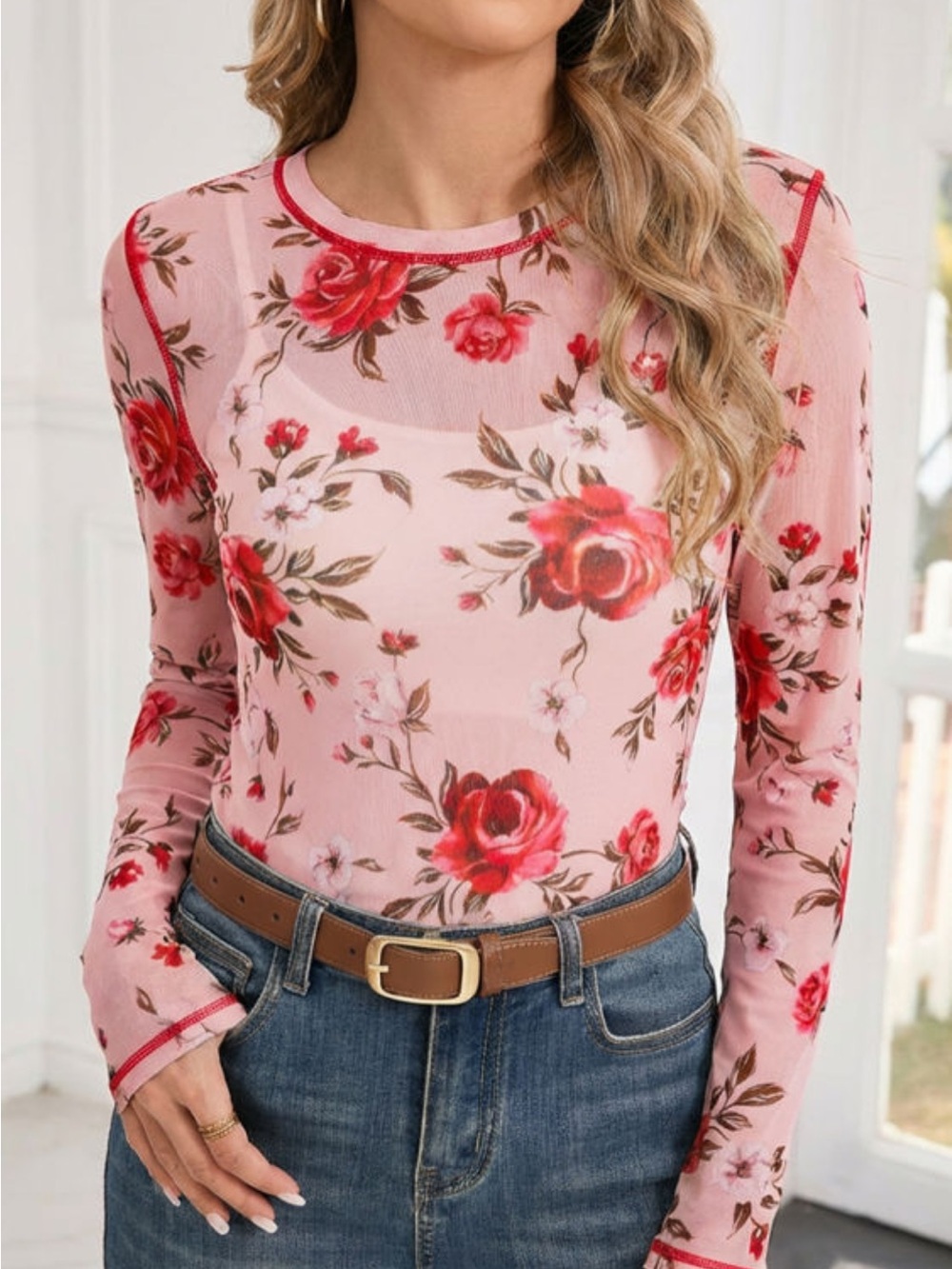 Women’s Pink Floral Sheer Long Sleeve Top